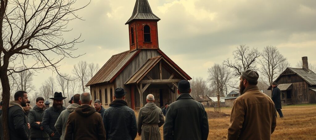 Grupa wieśniaków i Żydów zebrani wokół starej kościoła w tradycyjnej polskiej wsi. Kościół symbolizuje wiarę i opór przeciwko ciemności świata. Wieśniacy wyglądają na zmęczonych i obciążonych, odzwierciedlając tematy przemocy i niesprawiedliwości ukrytych pod powierzchnią ich życia.
