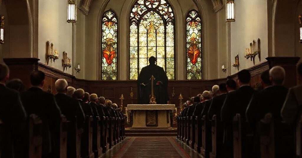 Powaga wnętrza kościoła z ciemnym oknem witrażowym symbolizującym demoralizację nowoczesnego kościoła