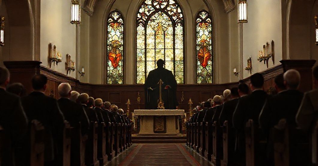 Powaga wnętrza kościoła z ciemnym oknem witrażowym symbolizującym demoralizację nowoczesnego kościoła