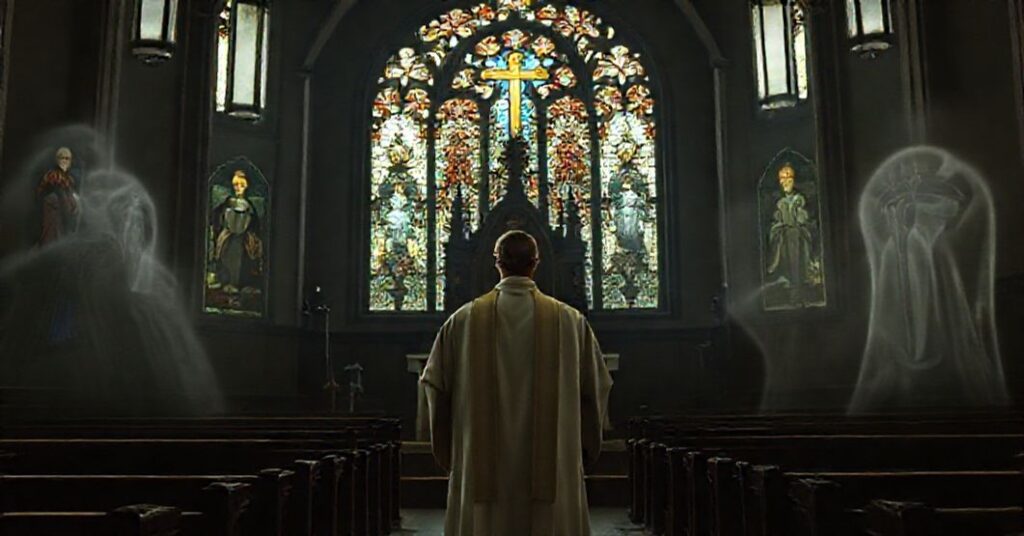 Ciemny wnętrze kościoła z tradycyjnych czasów z kapłanem w ornaty stojącym przed zamkniętą tabernakulum.