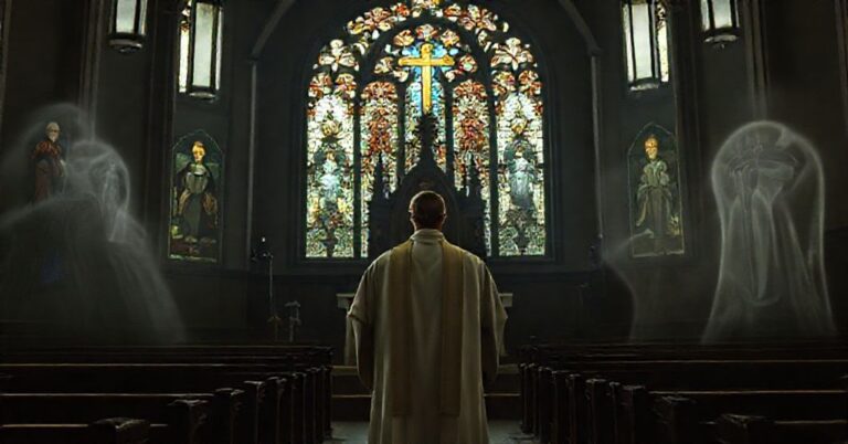 Ciemny wnętrze kościoła z tradycyjnych czasów z kapłanem w ornaty stojącym przed zamkniętą tabernakulum.