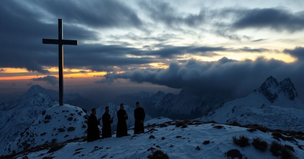 Krzyż na Giewoncie bez podświetlenia, burzowe niebo i modlący się kler w tradycyjnych szatach na tle śnieżnych zboczy.