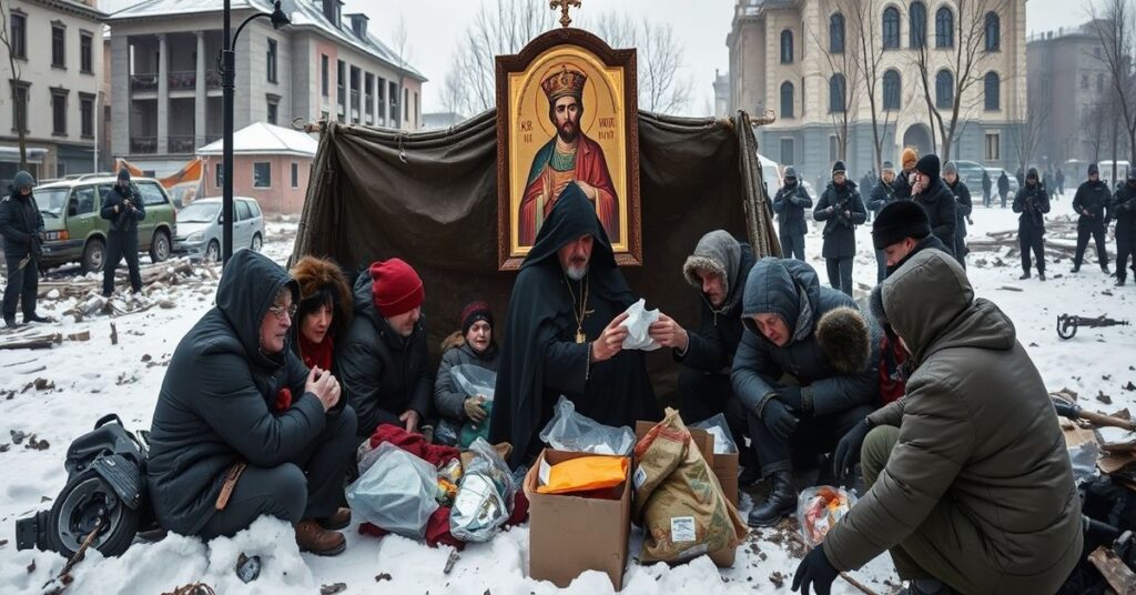 Zimna scena w wojennej Kijowie w 2026 roku, z cywilami ukrywającymi się w schronie koło greckokatolickiej katedry. Abp Sviatoslav Shevchuk rozprowadza żywność. Ikona Chrystusa Króla jest widoczna ale ignorowana przez cierpiących.