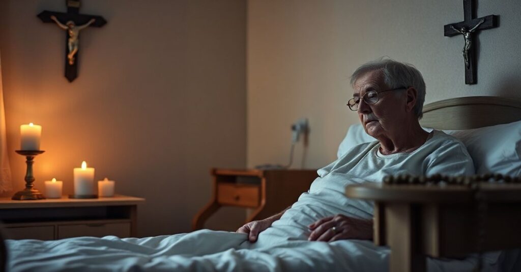 Emmy Willis i Bruce Willis w pokoju szpitalnym z krzyżem na ścianie; cierpienie bez duchowej opieki