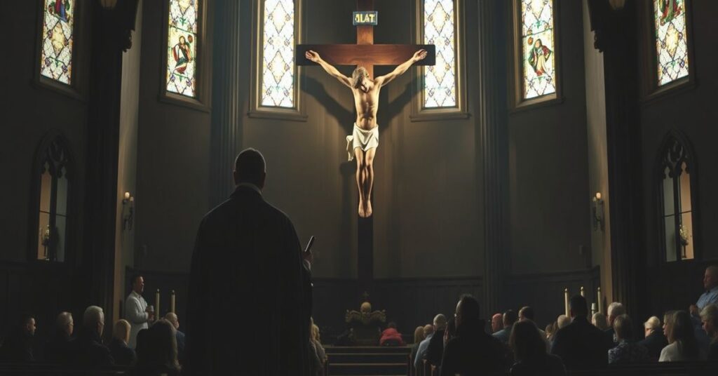 Scena wiernych modlących się przed krzyżem z księdzem w tradycyjnym ornaty w kościele.