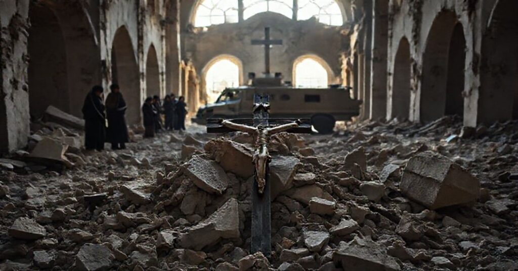 Zniszczony kościół katolicki w Syrii z rodzinami chrześcijańskimi w tle, symbolizujący cierpienie wiernych pod neokolonialnym wpływem Zachodu.