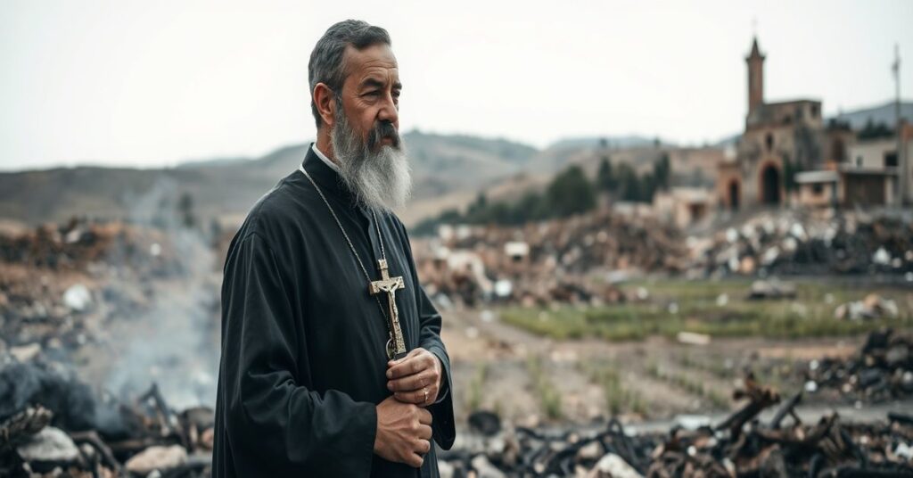 Ojciec Bashara Fawadleha stoi wśród ruin kościoła w Taybeh z krzyżem w ręku