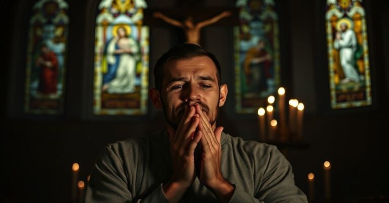 Mężczyzna modlący się w ciemnym kościele przed krzyżem z rozpalonymi świetlikami w tle, symbolizujący cierpienie i nadzieję w świetle wiary katolickiej.