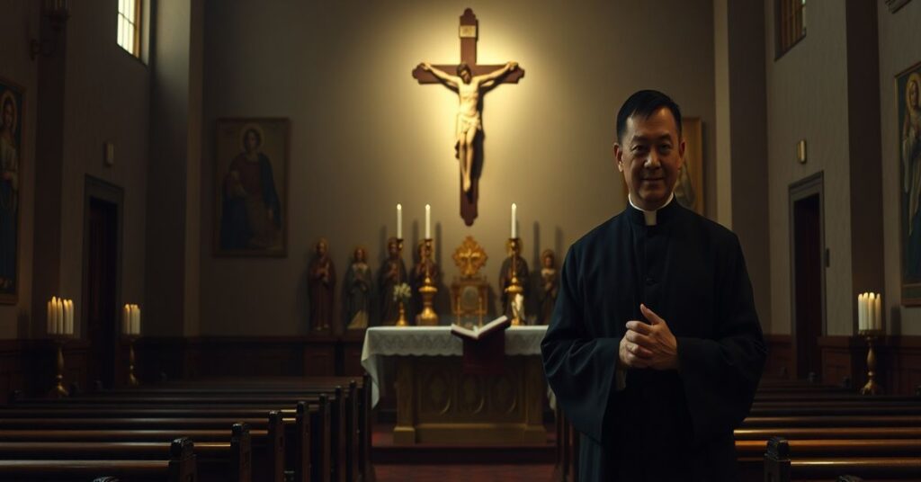 Kaplica katolicka z ołtarzem i krucyfiksem, symbolizująca teologiczne błędy w interpretacji cierpienia przez o. Jacka Salija OP.