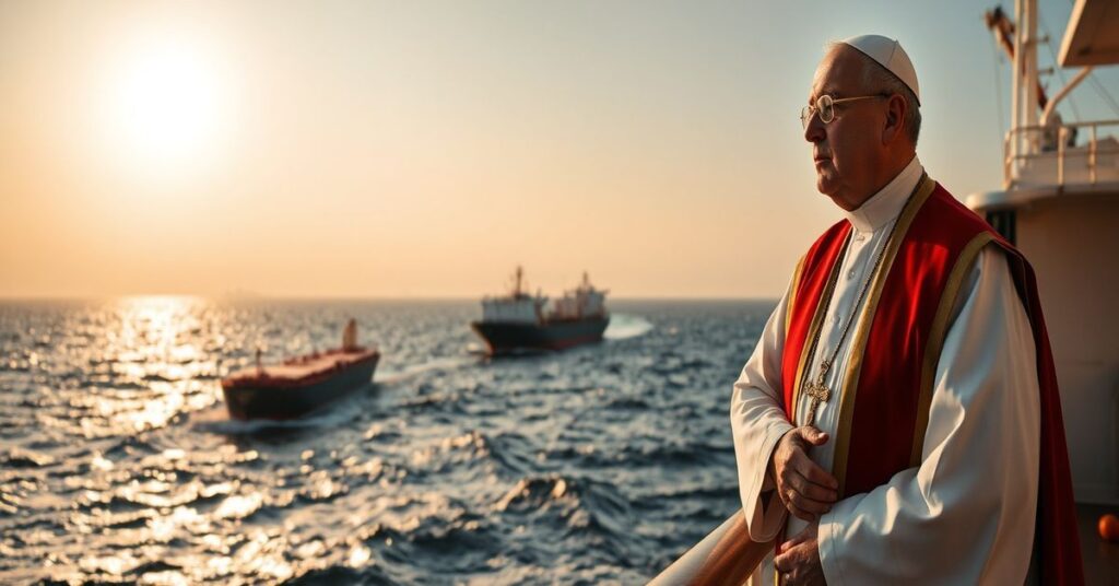 Ksiądz w tradycyjnym stroju liturgicznym na pokładzie statku w cieśninie Ormuz, z widokiem na przeszkody handlowe i polityczne między USA a Iranem.