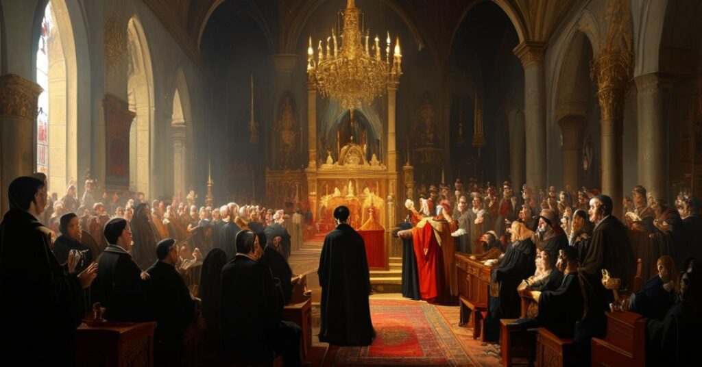 Wnętrze kościoła Trójcy Świętej w Cieszynie podczas ekumenicznego nabożeństwa z udziałem pseudobiskupów Romana Pindlę i Adriana Korczagę oraz przedstawicieli sekty protestanckiej.