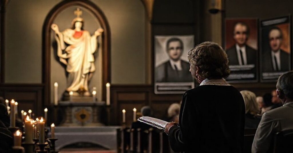 Kaplica katolicka z rzeźbą Chrystusa Króla w tle zebrania Stowarzyszenia Civitas Christiana.