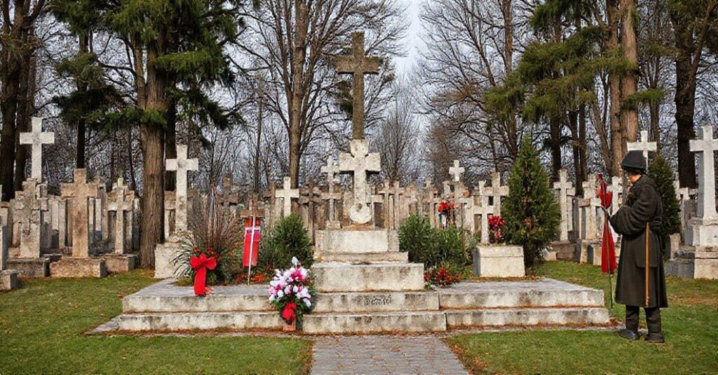 Pusty ołtarz na cmentarzu wojennym bez krzyża, otoczony symbolami martyrologii narodowej - znicze, tablice z nazwiskami i dzwon pamięciowy.