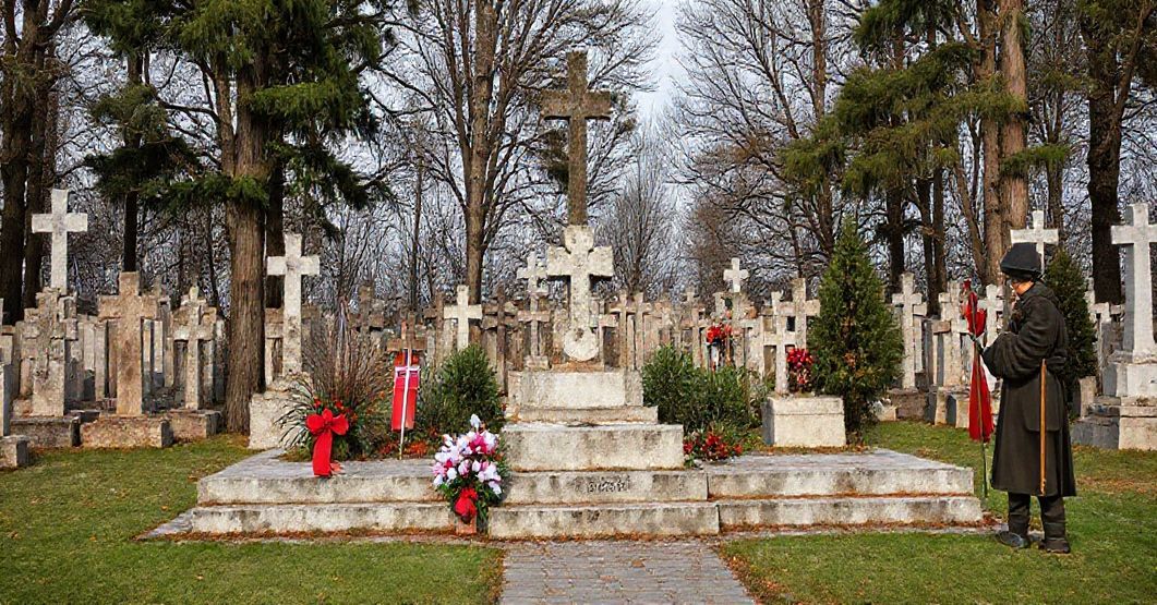 Pusty ołtarz na cmentarzu wojennym bez krzyża, otoczony symbolami martyrologii narodowej - znicze, tablice z nazwiskami i dzwon pamięciowy.
