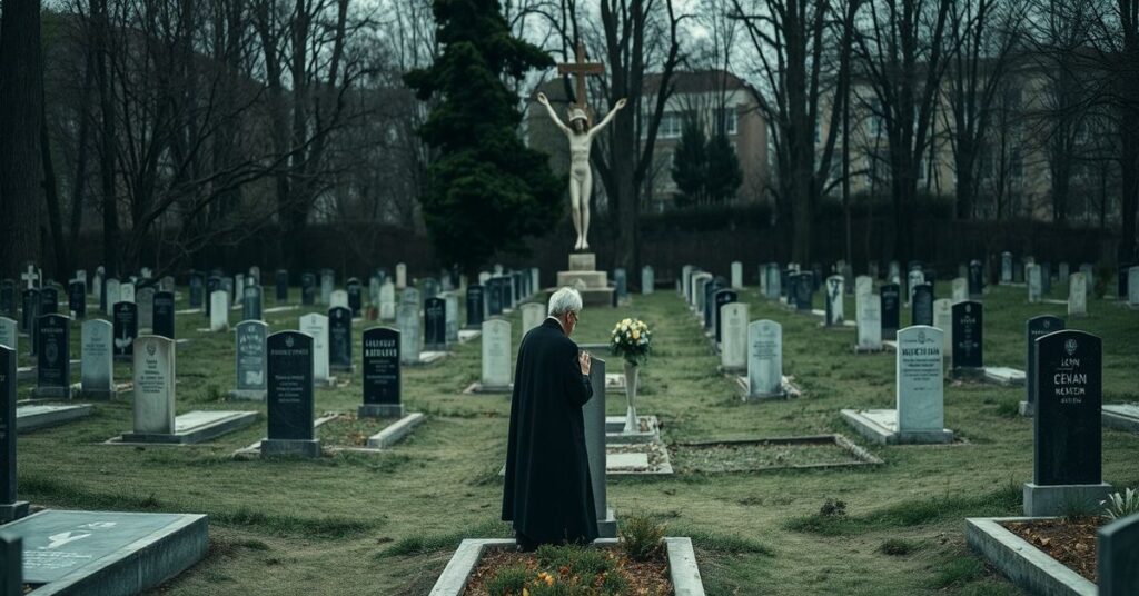 Pokojowy widok cmentarza żydowskiego w Bielsku-Białej z tradycyjnym katolickim perspektywą.