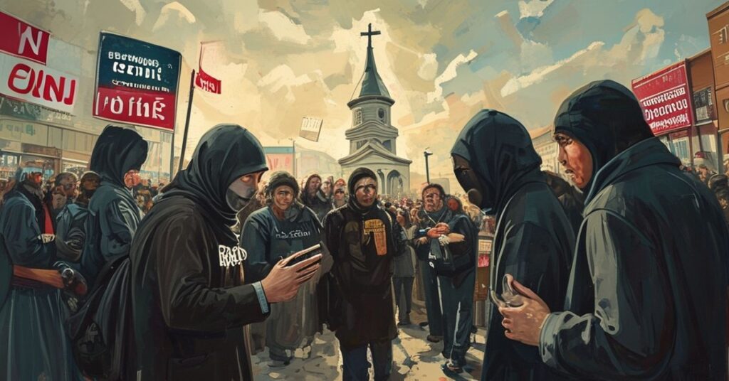 Scena przedstawiająca konfrontację aktywistki lewicowej z dziennikarką CNN w Minneapolis, podkreślająca sprzymierzenie mediów z rewolucyjnej rzeszą przeciwko Królowi Chrystusowi