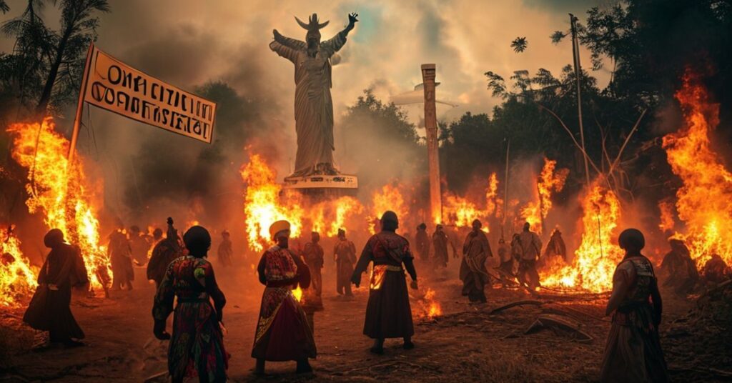 Protest ekologiczny podczas COP30 w Belem z transparentami "Nasza ziemia nie jest na sprzedaż" i symbolami pogańskiego kultu natury.