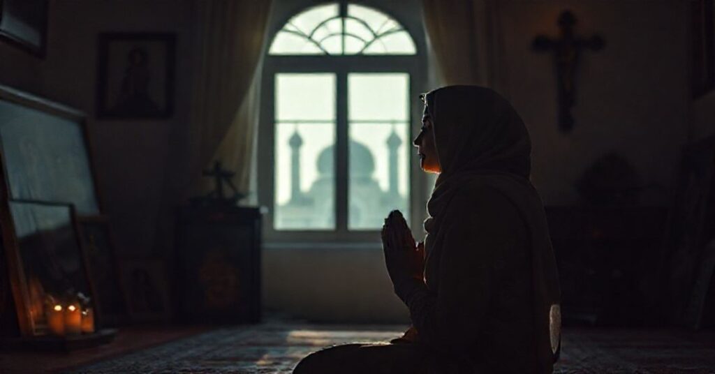 Młoda kobieta modląca się w pokoju z katolickimi ikonami i krzyżem, symbolizującą nawrócenie z islamu