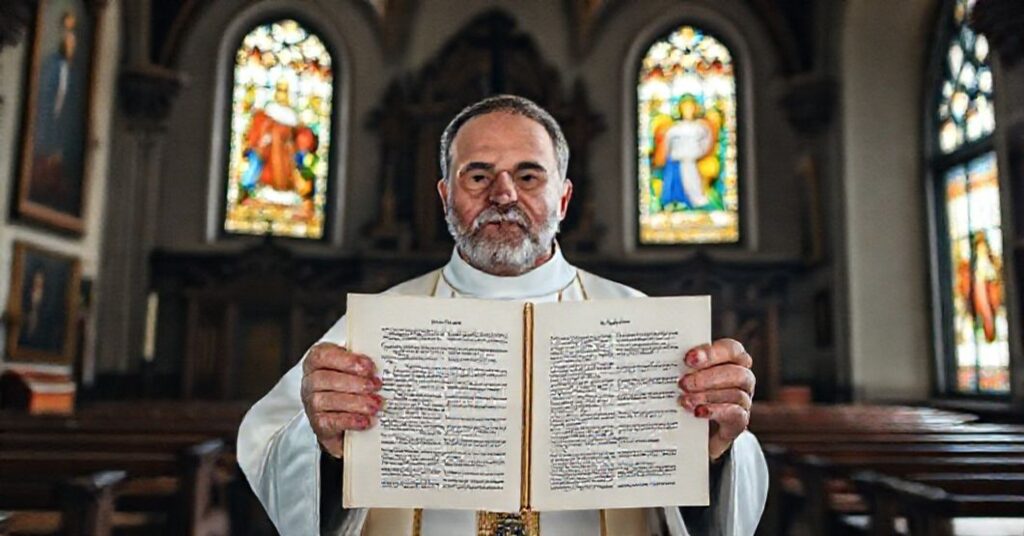 Wnętrze tradycyjnego kościoła katolickiego z księdzem trzymającym otwarty egzemplarz Credo nicejskiego, otoczony ikonami i witrażami przedstawiającymi Trójcę Świętą.