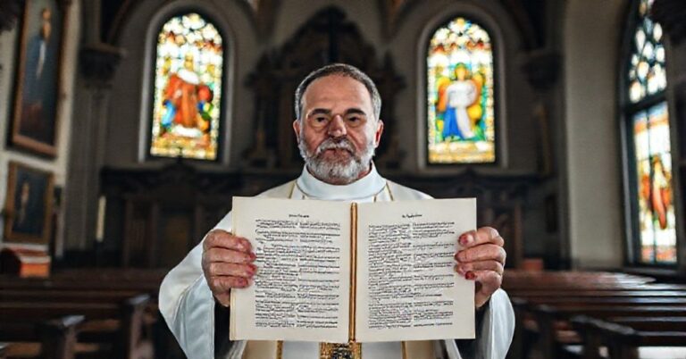 Wnętrze tradycyjnego kościoła katolickiego z księdzem trzymającym otwarty egzemplarz Credo nicejskiego, otoczony ikonami i witrażami przedstawiającymi Trójcę Świętą.