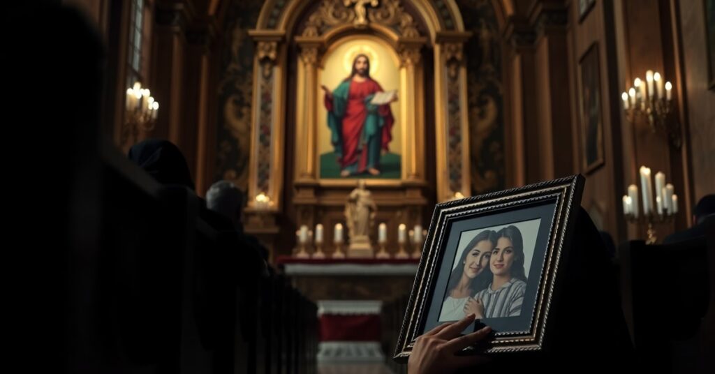 Kobieta modląca się przed wizerunkiem Chrystusa Króla z fotografią ofiary kobietobójstwa w tle