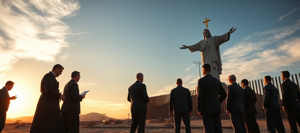 Monument Chrystusa Króla na górze Cristo Rey w Las Cruces – symboliczne przeciwstawienie sakralności a politycznego sporu o grunt między strukturami Novus Ordo a rządem USA.
