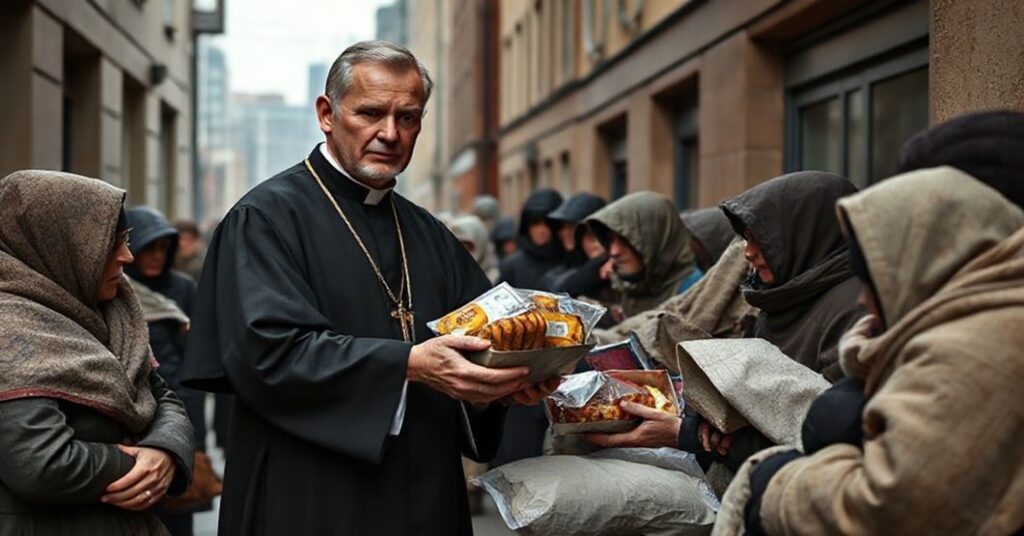 Tradycyjny ksiądz w sutannie rozdaje jedzenie i koce bezdomnym w warszawskiej przegubie, na tle nowoczesnej zabudowy. Scena podkreśla brak głębokiej duchowości w pomocy materialnej.