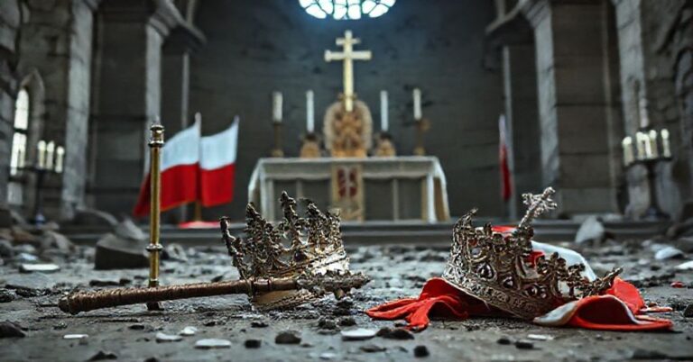 Obraz przedstawiający krytykę fałszywego obrazu patriotyzmu Jana Pawła II w kontekście modernistycznej apostazji Kościoła