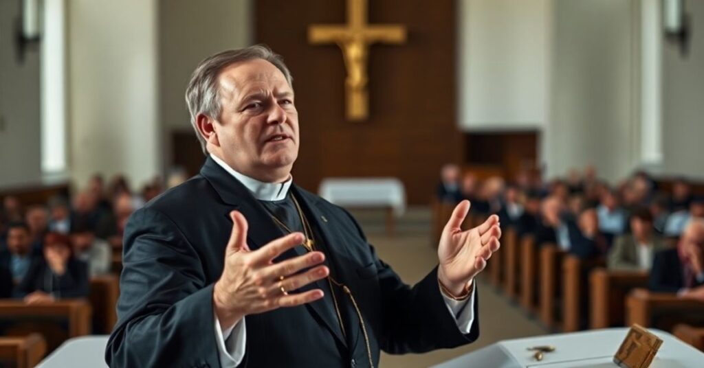 Portret Roberta Prevosta (fałszywy 'Leon XIV') podczas przemówienia na tle nowoczesnego ołtarza w pustym kościele posoborowym