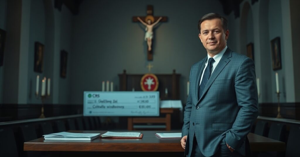 Obraz przedstawia przedstawiciela Catholic Relief Services (CRS) w tradycyjnym katolickim wnętrzu kościoła, z dokumentami i czekiem na 240 milionów dolarów. Scena podkreśla sprzeczność między pomocą materialną a duchową pustką.