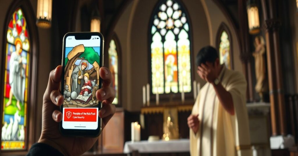 Wnętrze tradycyjnego kościoła katolickiego z witrażami przedstawiającymi przypowieść o bogaczu głupim. Na pierwszym planie zmartwiony mężczyzna trzyma smartfona z powiadomieniem o cyberbezpieczeństwie. Na tle ksiądz modli się przed ołtarzem.