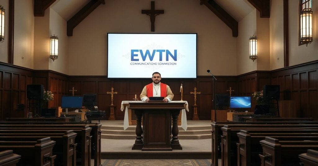 Wnętrze kościoła z tradycyjnym ołtarzem, przedstawiające demoralizację Kościoła. Świecki mężczyzna, Edwin Lopez, stoi przy ambonie zamiast biskupa, otoczony nowoczesnym sprzętem cyfrowym.