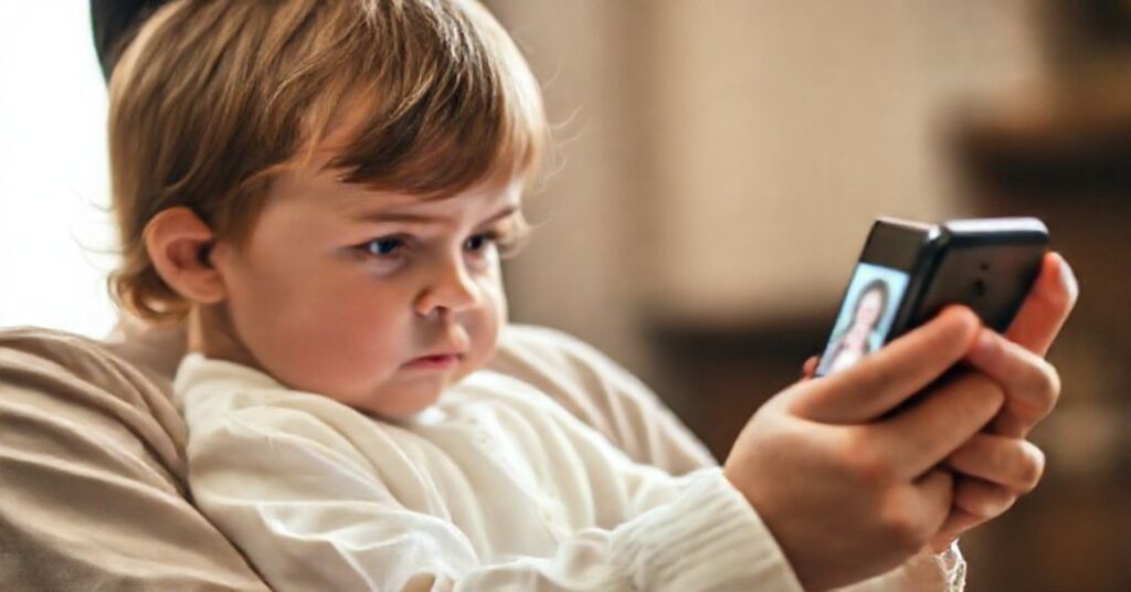 Rodzic trzymający dziecko obok urządzenia cyfrowego z niepokojem na twarzy