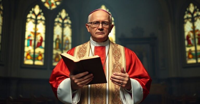 Katedra z tradycyjnym witrażem, biskup w szatach liturgicznych trzymający księgi, tło z cieniącą się gilotyną cyfrową