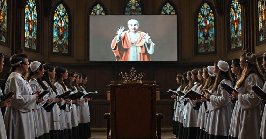 Grupa poważnie ubranych młodzieżców w tradycyjnych strojach stoi w kaplicy z witrażami, skierowana ku pustemu fotelu z tiarą papieską. Scena jest oświetlona ciepłym, pobożnym światłem. Na tle widnieje ekran z zdeformowanym hologramem fałszywego papieża.