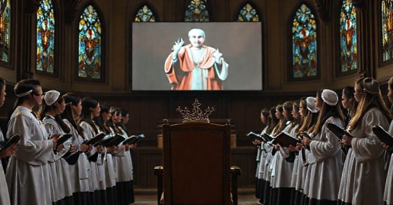 Grupa poważnie ubranych młodzieżców w tradycyjnych strojach stoi w kaplicy z witrażami, skierowana ku pustemu fotelu z tiarą papieską. Scena jest oświetlona ciepłym, pobożnym światłem. Na tle widnieje ekran z zdeformowanym hologramem fałszywego papieża.