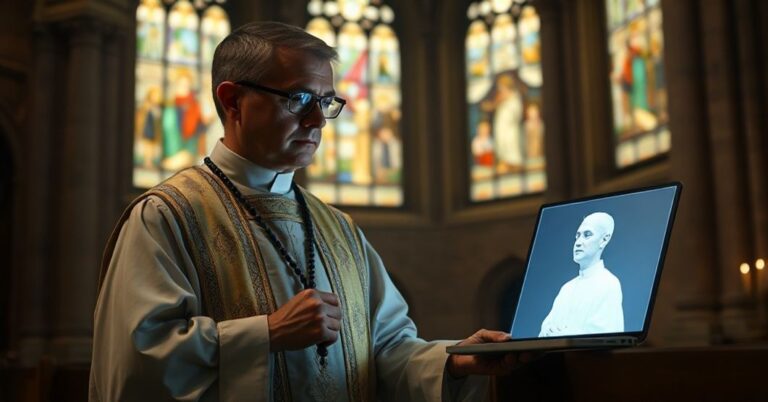 Książę w tradycyjnych szatach liturgicznych patrzy z niepokojem na hologram Martina Baggota LC wyświetlany na urządzeniu cyfrowym. Scena odzwierciedla krytykę technologii AI jako współczesnej nekromancji.