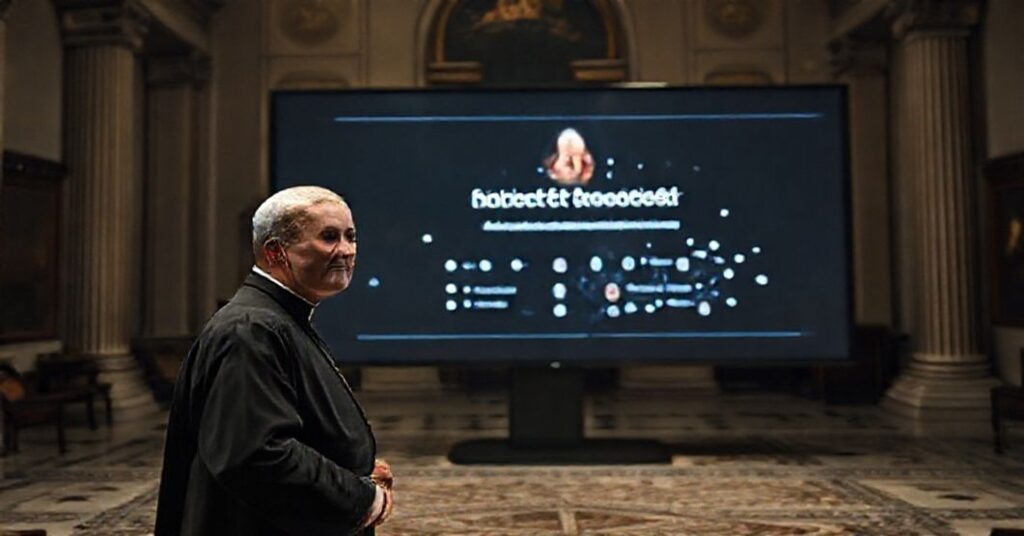 Ksiądz w tradycyjnym stroju liturgicznym stoi przed ekranem wyświetlającym platformę Annuario Pontificio z nazwiskiem anty-papieża Roberta Prevosta.