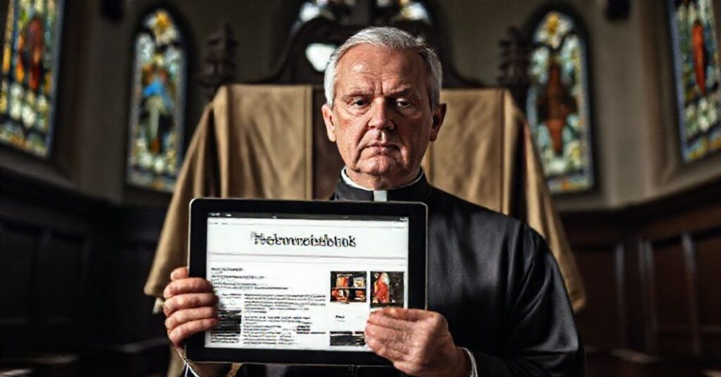 Ciążący na duszy ksiądz w przedmszałowej ornaty obok nowoczesnego tabletu z cyfrowym "Przewodnikiem Katolickim" w tle kościoła