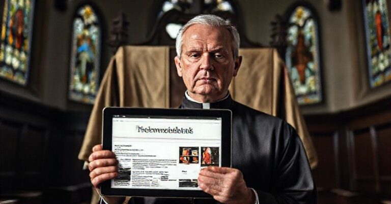 Ciążący na duszy ksiądz w przedmszałowej ornaty obok nowoczesnego tabletu z cyfrowym "Przewodnikiem Katolickim" w tle kościoła