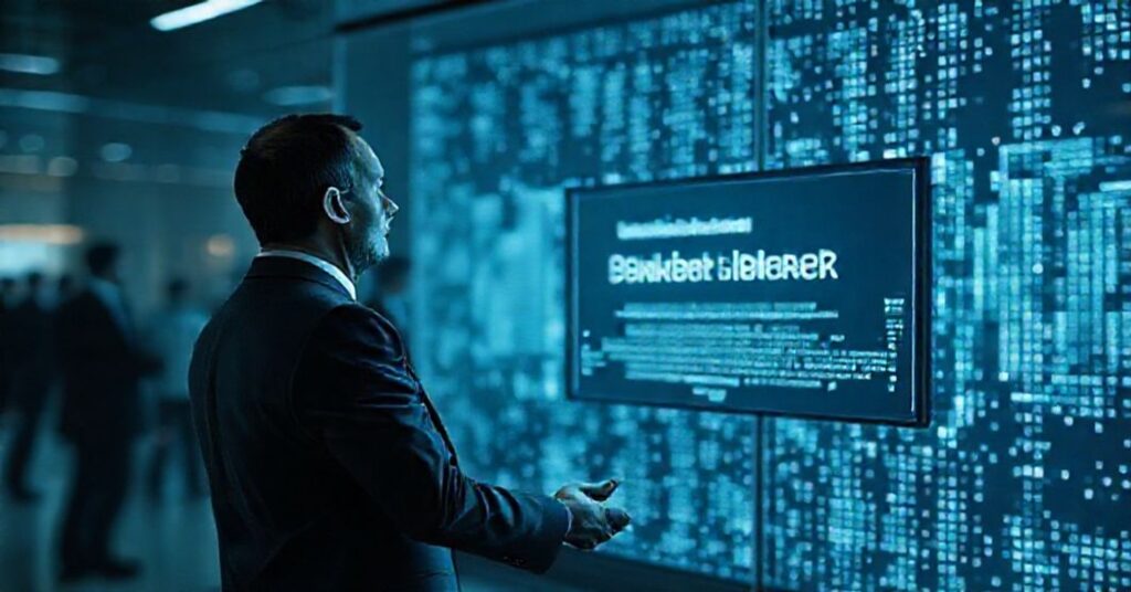 Mężczyzna w garniturze przyjmujący nagrodę od sztucznej inteligencji przed cyfrowym interfejsem bankowym.