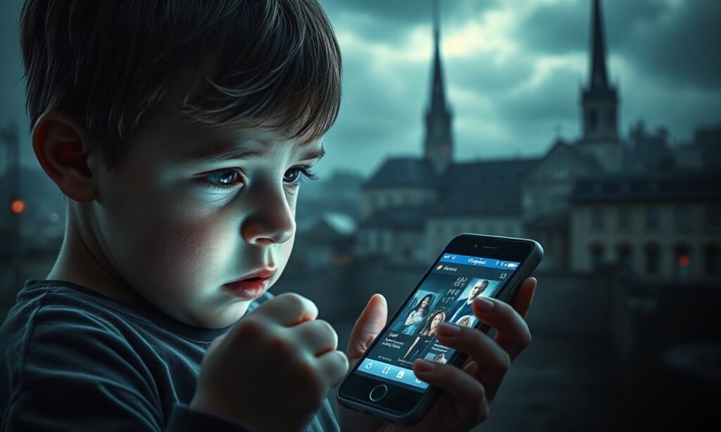 Dziecko patrzące na telefon z niegodnymi treściami w ciemnym mieście cyfrowej korupcji