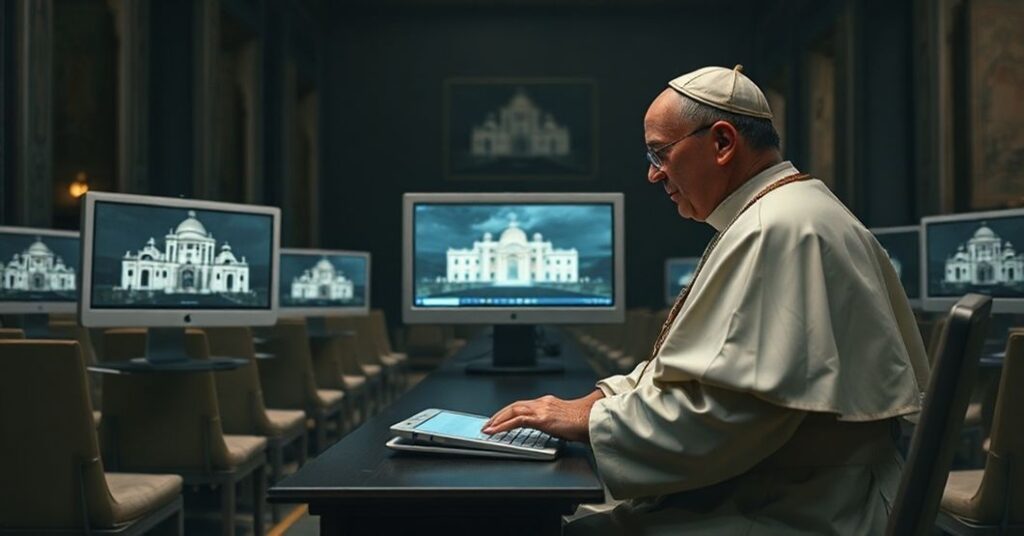 Obraz przedstawiający rzekomego 'Papieża' Leona XIV korzystającego z cyfrowej platformy Annuario Pontificio w Watykanie, otoczonego nowoczesnymi monitorami komputerowymi