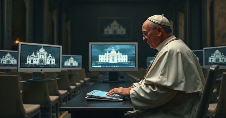 Obraz przedstawiający rzekomego 'Papieża' Leona XIV korzystającego z cyfrowej platformy Annuario Pontificio w Watykanie, otoczonego nowoczesnymi monitorami komputerowymi