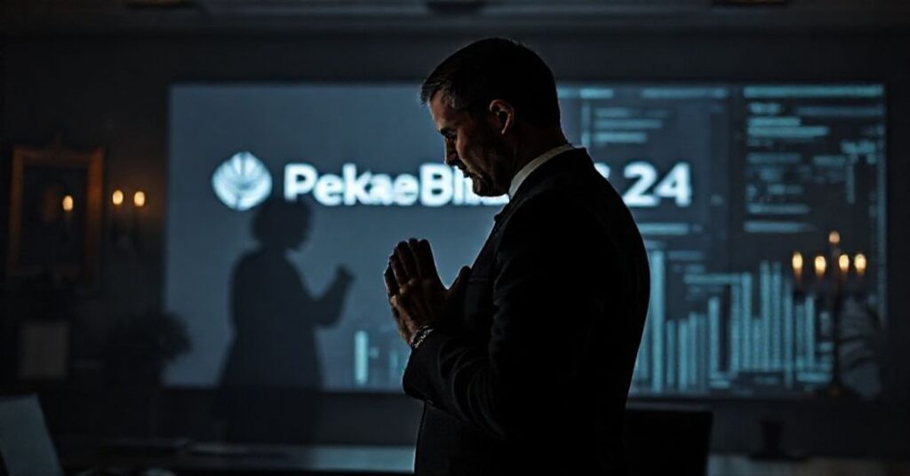 Katylicki przedsiębiorca w modlitwie przed cyfrowym interfejsem bankowym PekaoBiznes24, symbolizujący technokratyczne zniewolenie i duchową kryzys