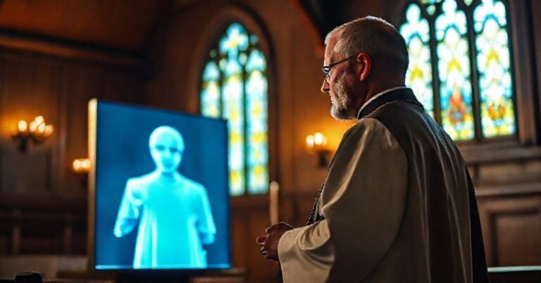Ks. Jan Kowalski w tradycyjnych szatach kapłańskich stoi przed starym drewnianym kościołem, trzymając różaniec i patrząc na ekran komputera z widmem zmarłej osoby wygenerowanym przez sztuczną inteligencję. Scena jest ustawiona w ciemnym prezbiterium z witrażami rzucającymi delikatne światło na twarz księdza.