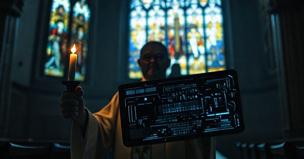 Cyfrowe ID jako narzędzie antychrześcijańskiego zniewolenia - widok katolicki Katolicki ksiądz w tradycyjnych szatach liturgicznych trzyma świetlówkę przed cyfrowym kartą ID z cyfrowymi obwódami, symbolizując zagrożenie cyfrowego zniewolenia.