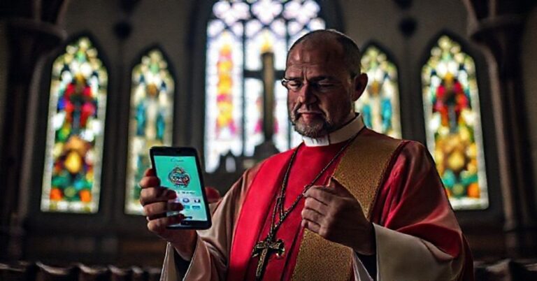 Ksatolicki książ w tradycyjnych szatach liturgicznych podziwia aplikację GC Wallet w ciemnym koście z witrażami