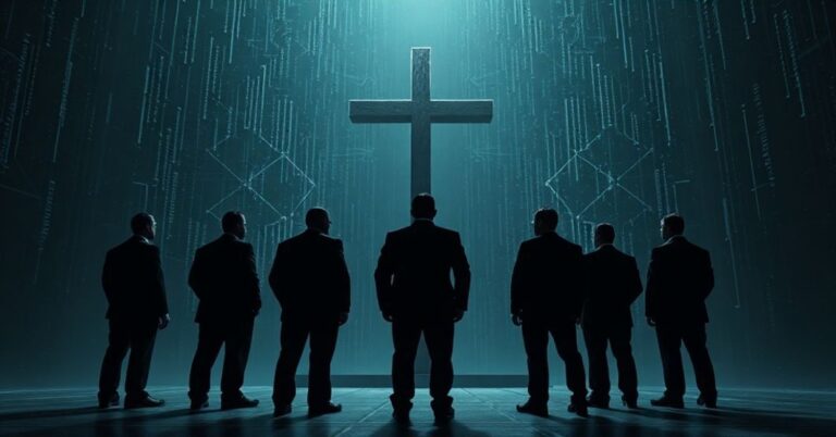 Obraz przedstawiający groźne wpływy Big Techu na świat i potrzebę przywrócenia królewskiej władzy Chrystusa.