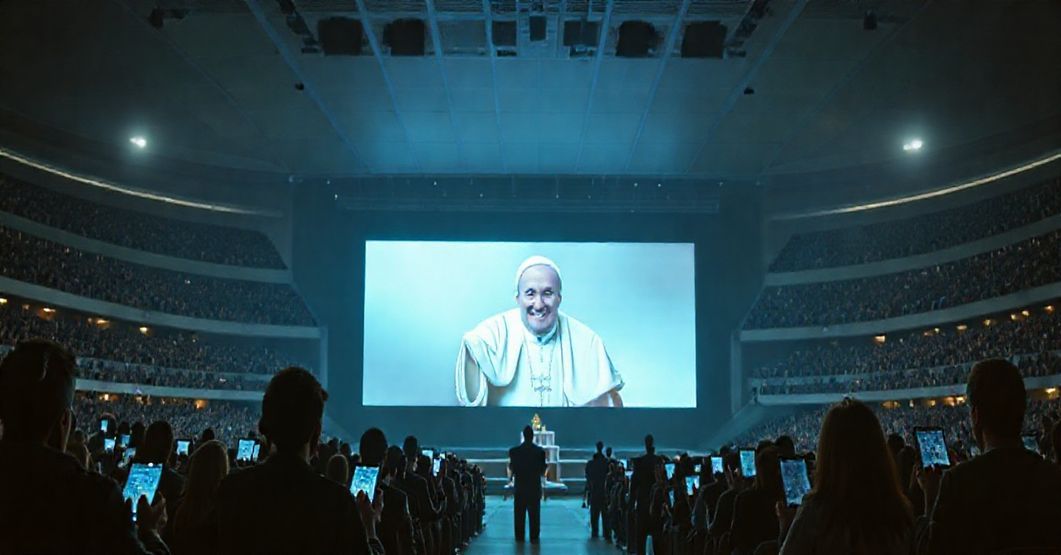 Zdjęcie przedstawiające młodzież w stadionie podczas farsy cyfrowego dialogu z fałszywym papieżem, symbolizujące apostazję neo-kościoła.